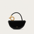 Black glossy leather top-handle handbag with gold twisted loop hardware
