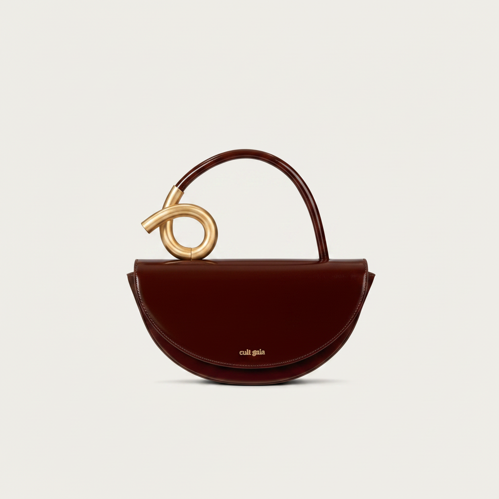 Burgundy leather half-moon handbag with gold knotted handle